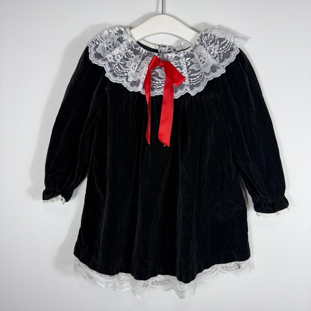 Vintage Black Velvet Toddler Dress Lace Collar Red Bow Holiday R442872 Size 3